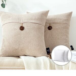 Beige Throw Pillow Set with Button Accent